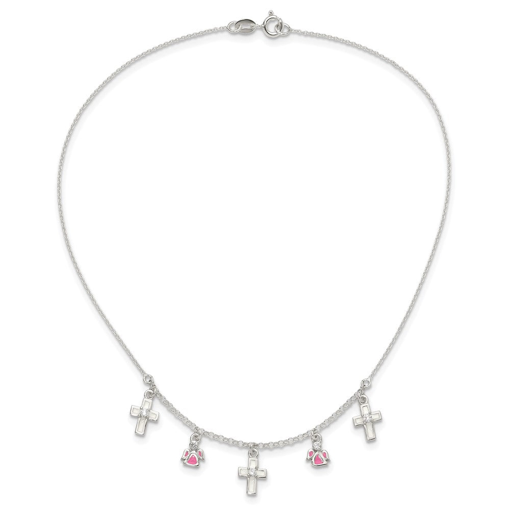 Sterling Silver Polished White & Pink Enameled CZ Cross and Angels Children's Necklace