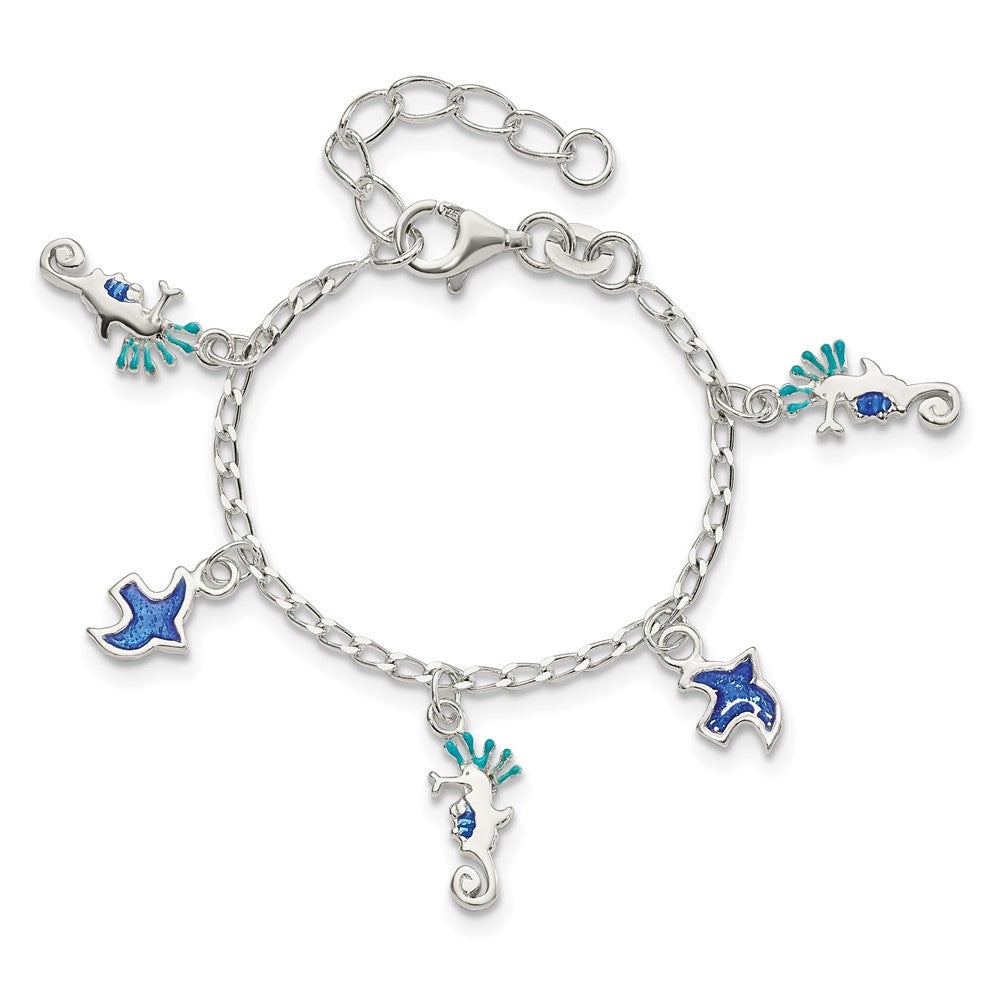 Sterling Silver Enameled Seahorse & Birds w/ 1in ext. Children's Bracelet