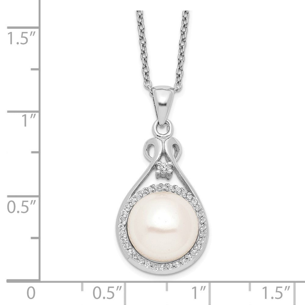 Sterling Silver Rhodium-plated 10-11mm White FWC Pearl CZ Necklace