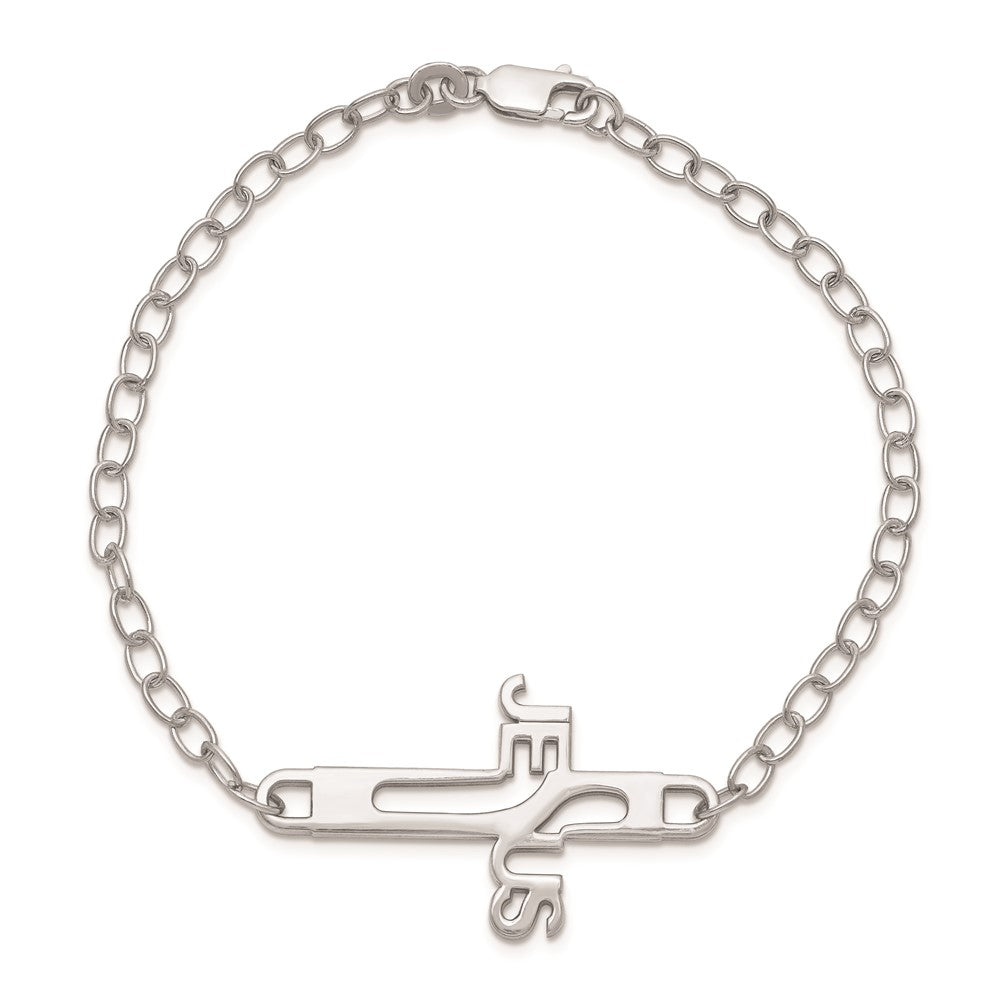 Sterling Silver Rhodium-plated Jesus Cross Womens 7.5in Bracelet