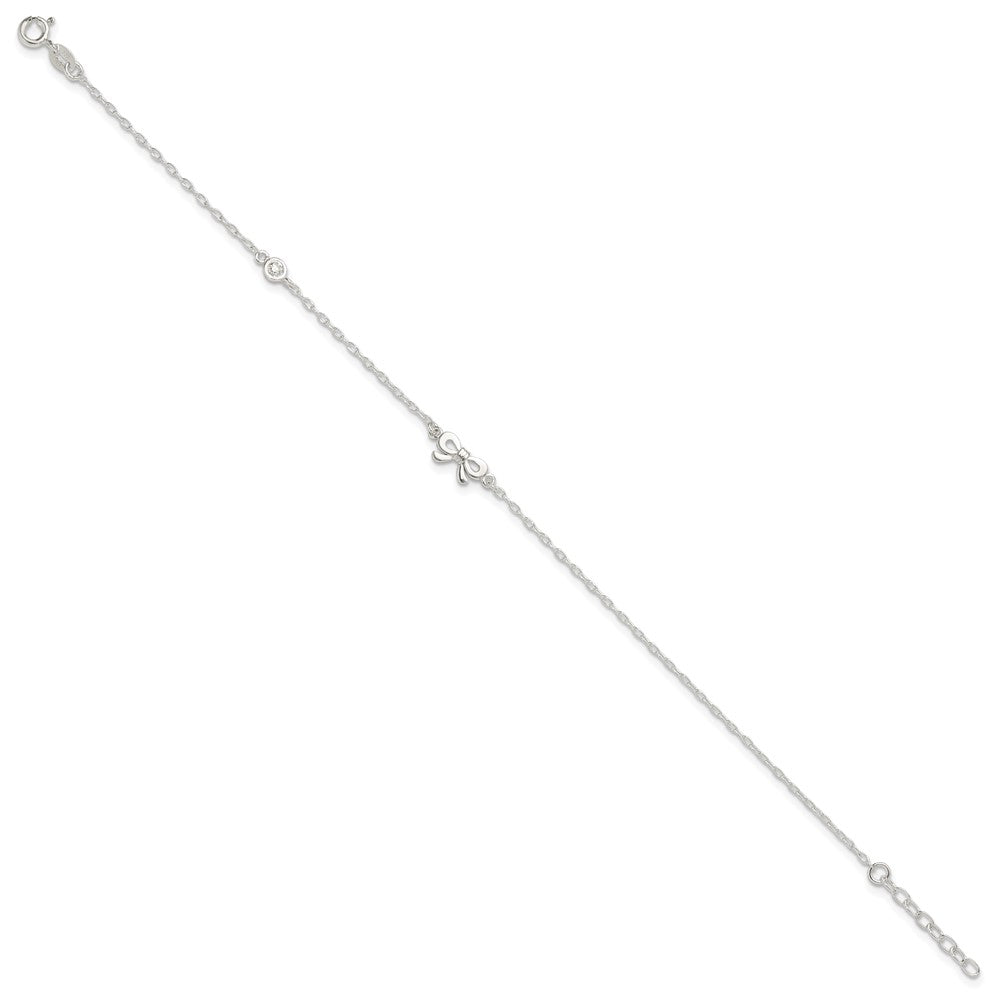 Sterling Silver Polished CZ Bow 9in Plus 1in Ext. Anklet