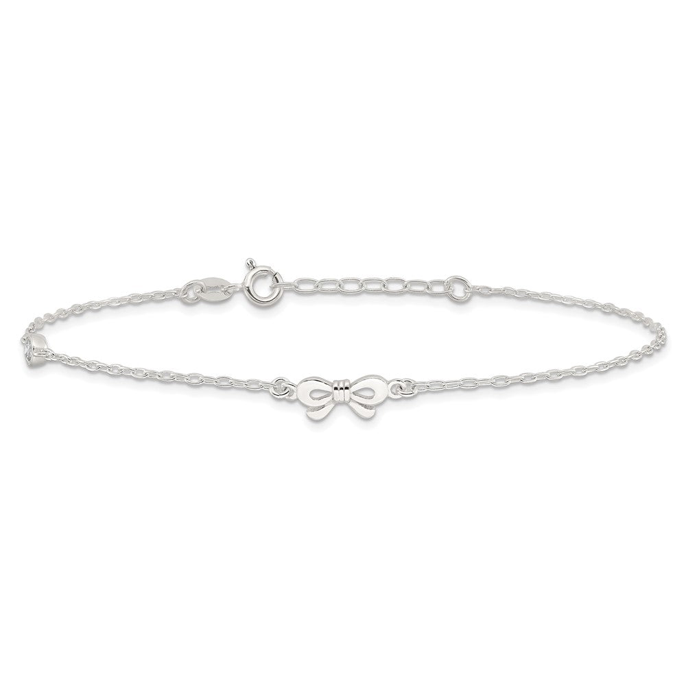 Sterling Silver Polished CZ Bow 9in Plus 1in Ext. Anklet