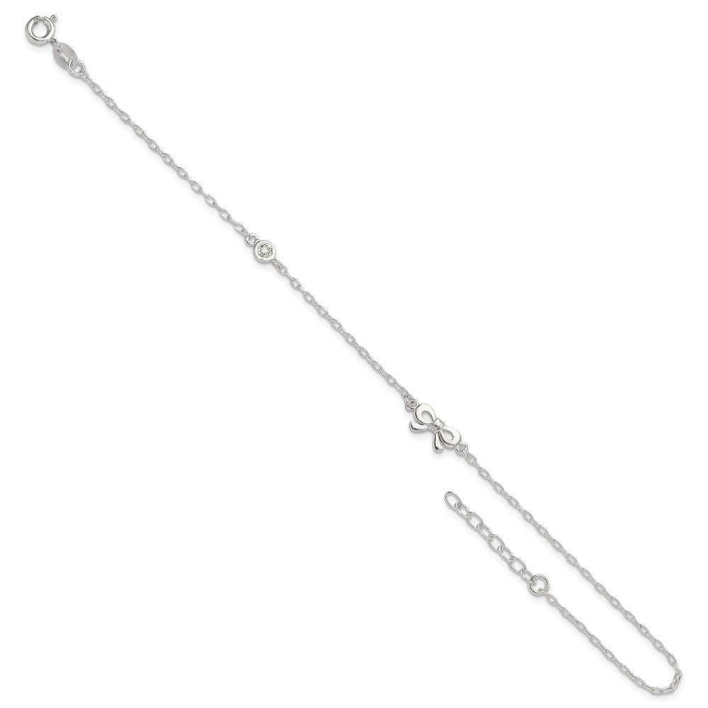 Sterling Silver Polished CZ Bow 9in Plus 1in Ext. Anklet