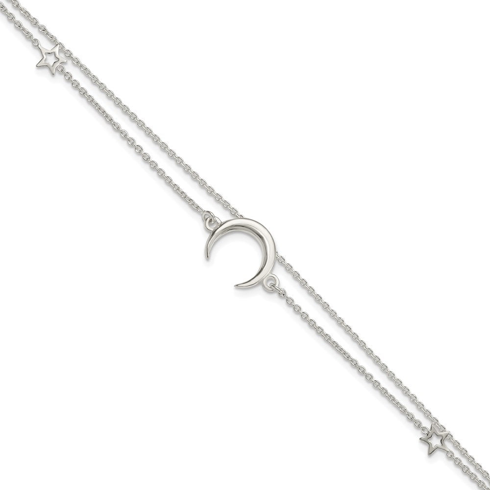 Sterling Silver Polished Moon and Stars 2-strand 7.5in Bracelet