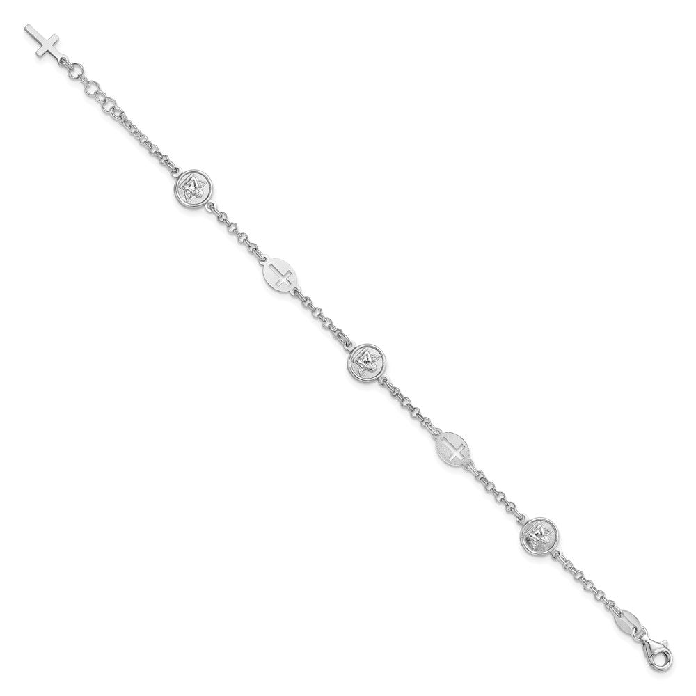 Sterling Silver Rhodium Plated Cross and Angel Bracelet