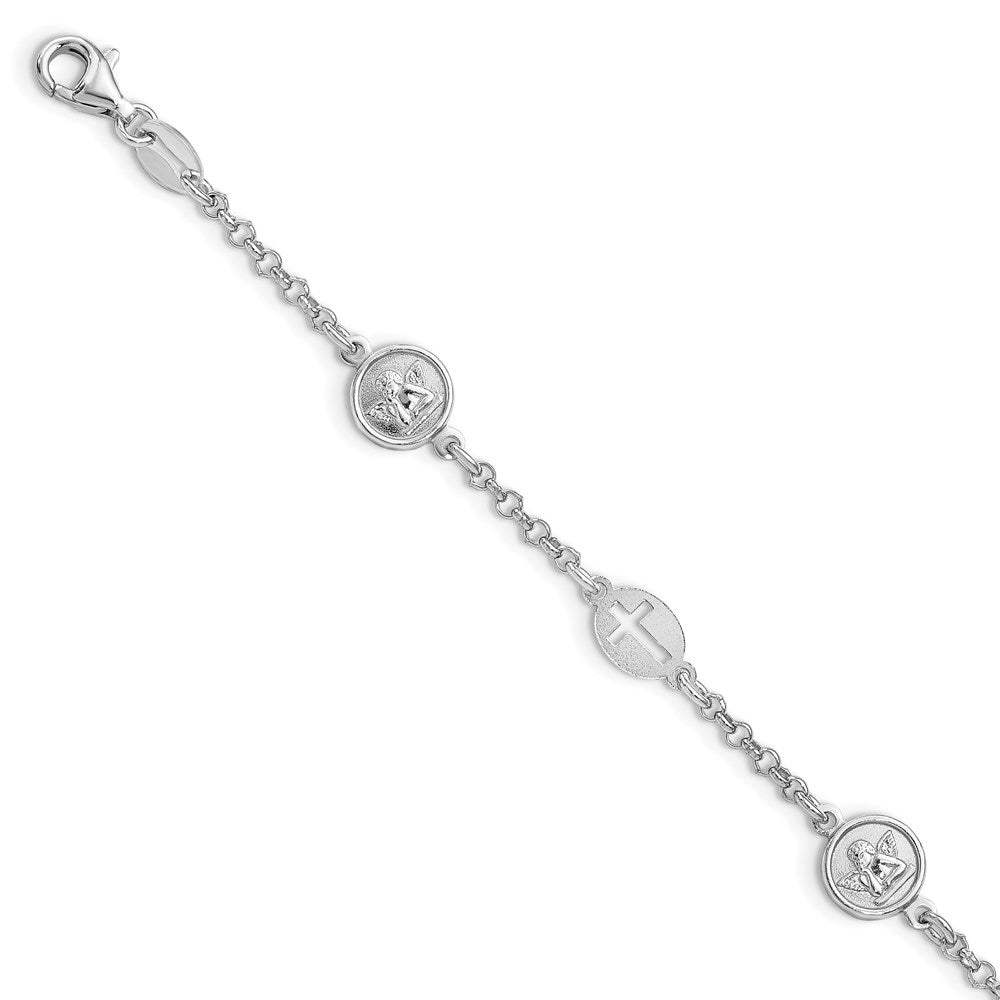 Sterling Silver Rhodium Plated Cross and Angel Bracelet