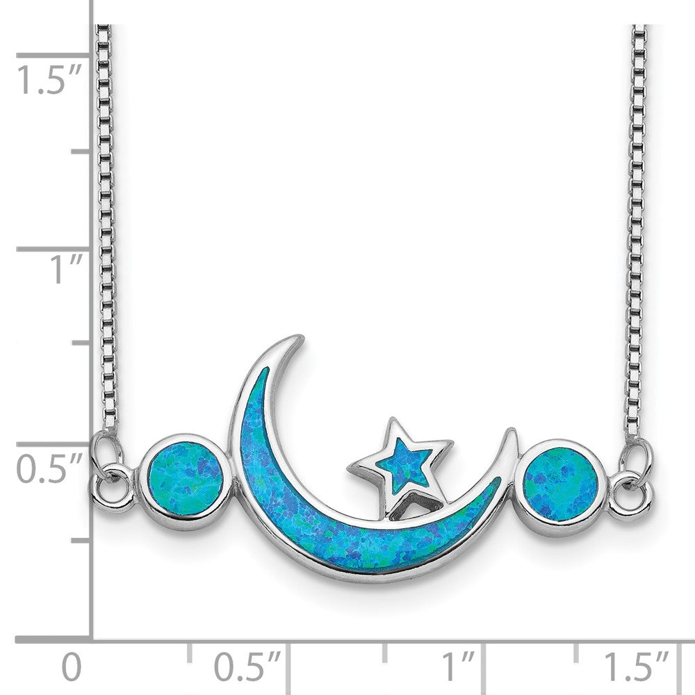 Sterling Silver Rhod-plated Created Opal Moon and Star Necklace