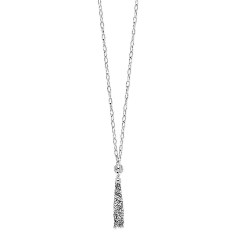 Sterling Silver Rhodium-plated D/C Polished Beaded Tassel Necklace