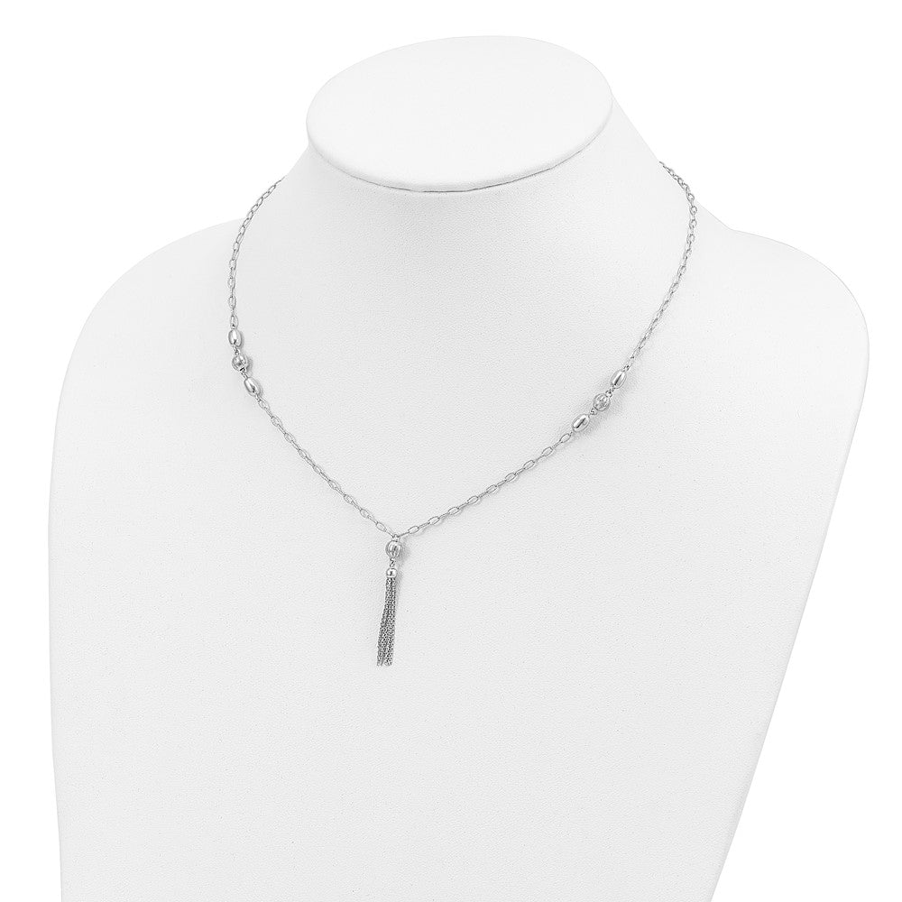 Sterling Silver Rhodium-plated D/C Polished Beaded Tassel Necklace