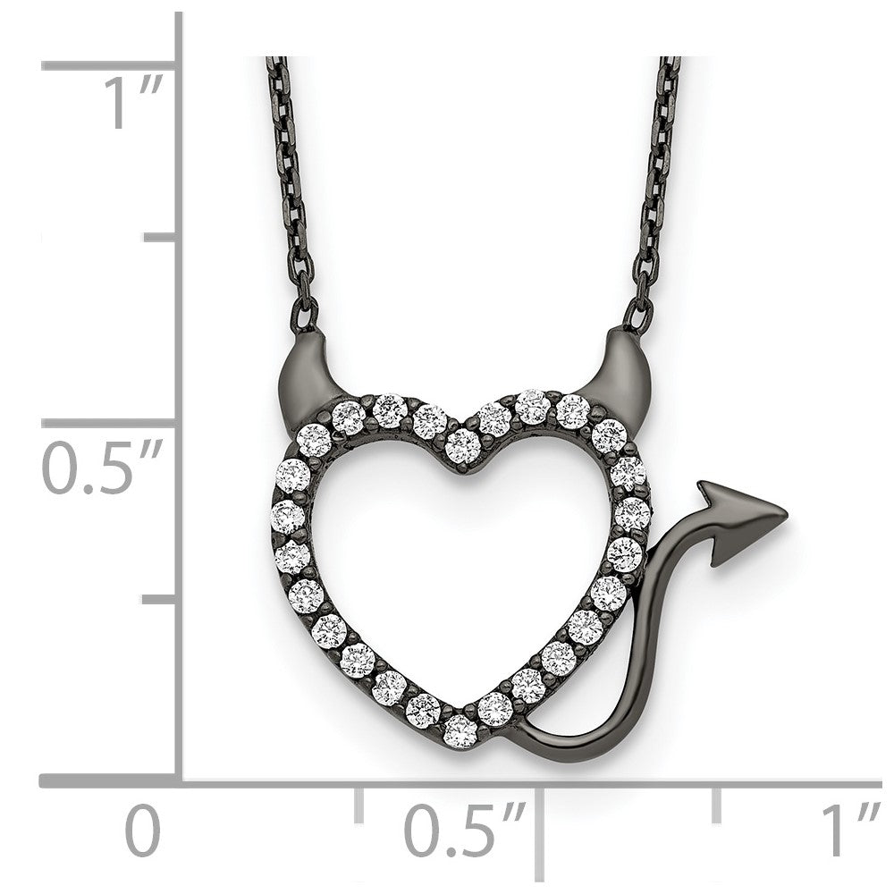 Sterling Silver Black Ruthenium Plated Devil Heart CZ 16 inch Necklace