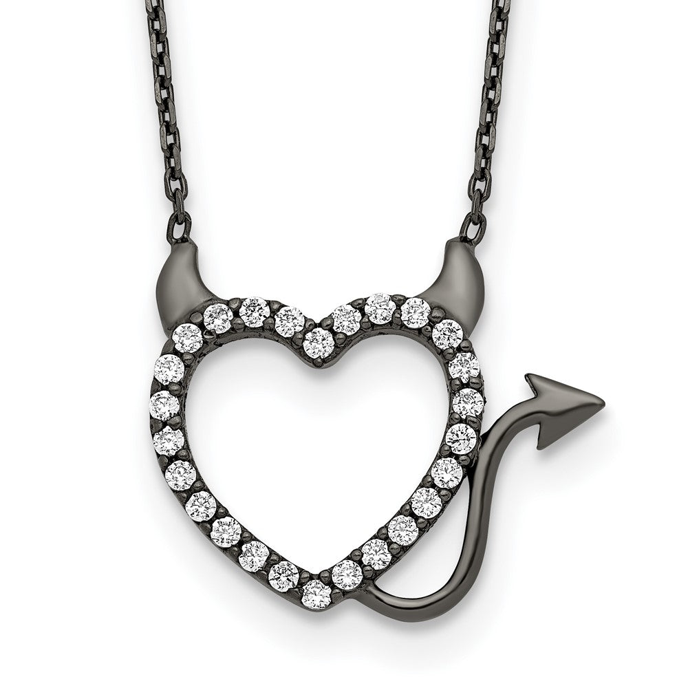 Sterling Silver Black Ruthenium Plated Devil Heart CZ 16 inch Necklace