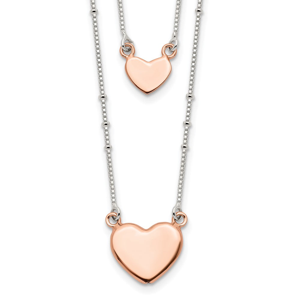 Sterling Silver Rose-tone 2-Strand Heart Dangle Necklace