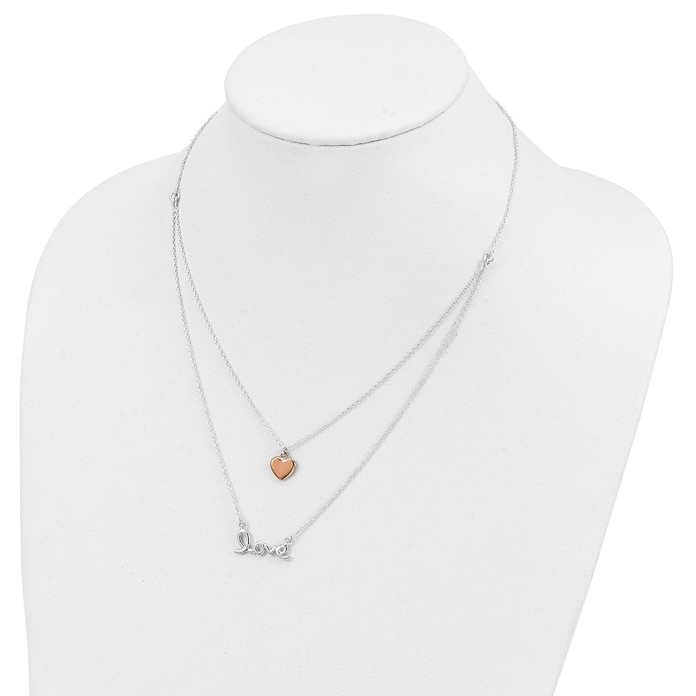 Sterling Silver Rose-tone LOVE and Heart 18in Necklace