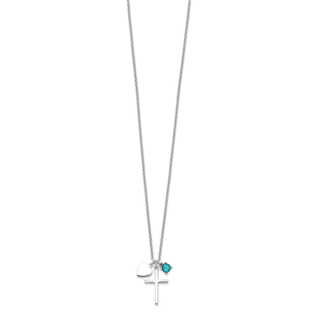 Sterling Silver Rhodium-plated Created Blue Opal Cross Necklace