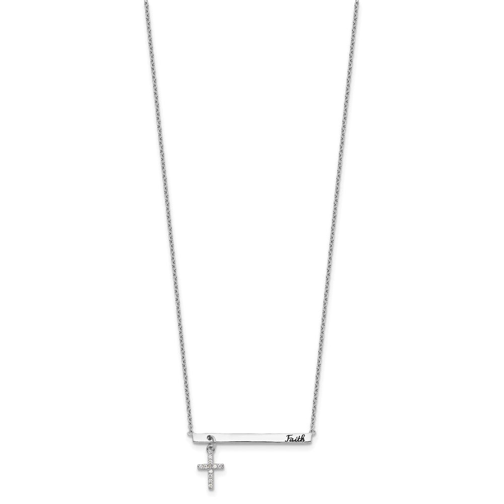 Sterling Silver RH-plated CZ Cross Black Enamel FAITH Bar Necklace