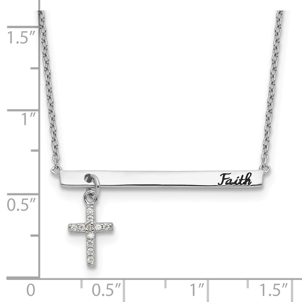 Sterling Silver RH-plated CZ Cross Black Enamel FAITH Bar Necklace