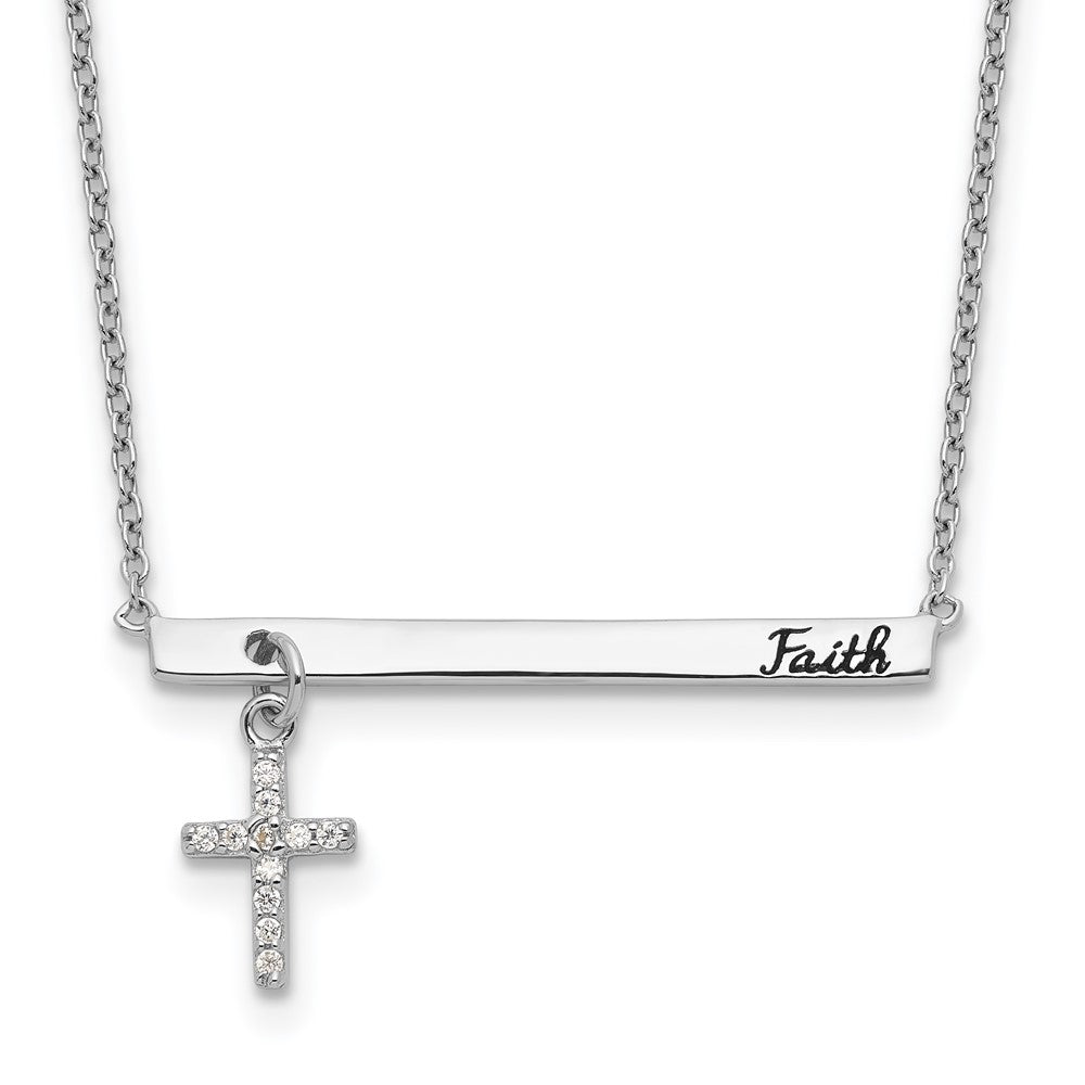 Sterling Silver RH-plated CZ Cross Black Enamel FAITH Bar Necklace