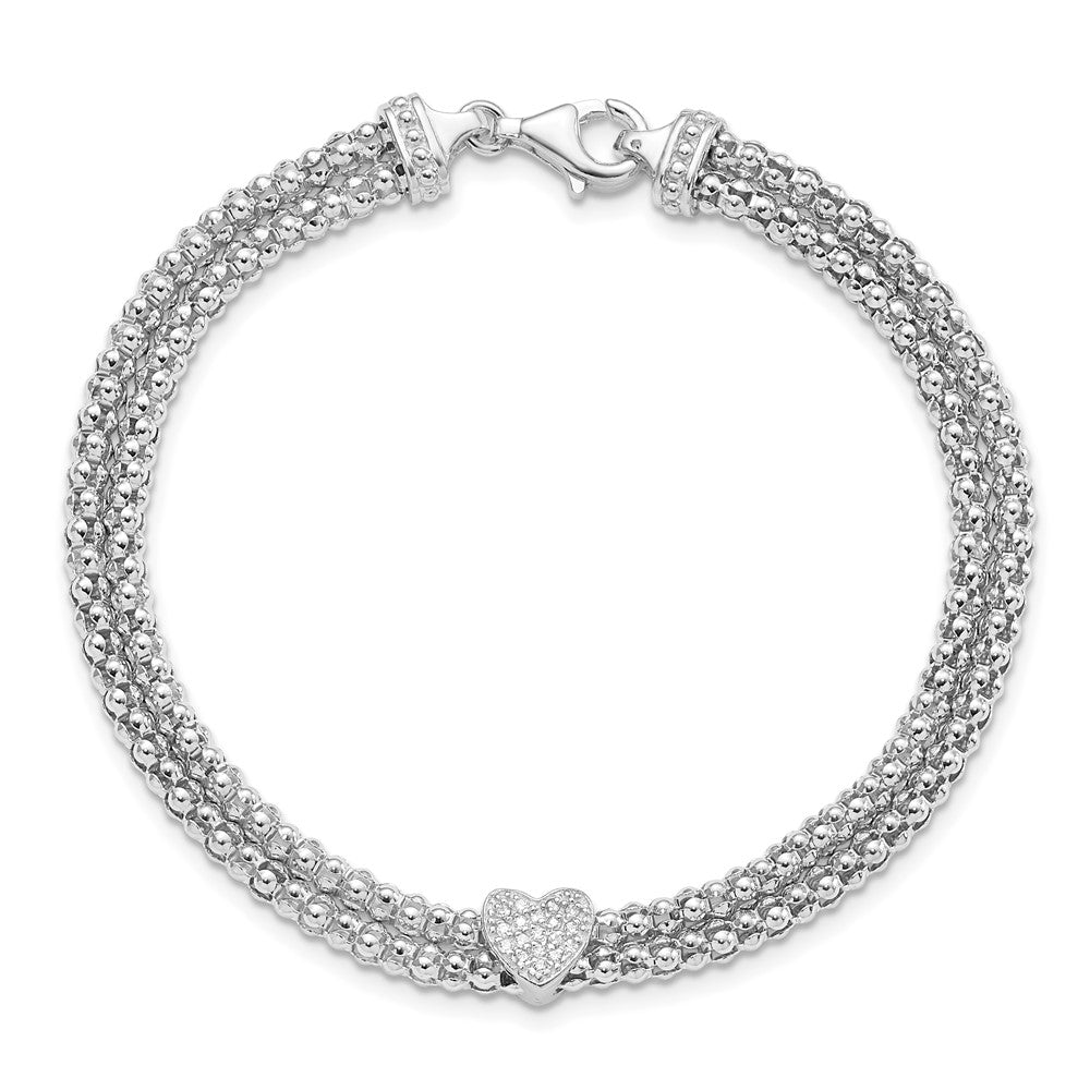 Sterling Silver Rhodium-plated CZ Heart Multi-strand Bracelet