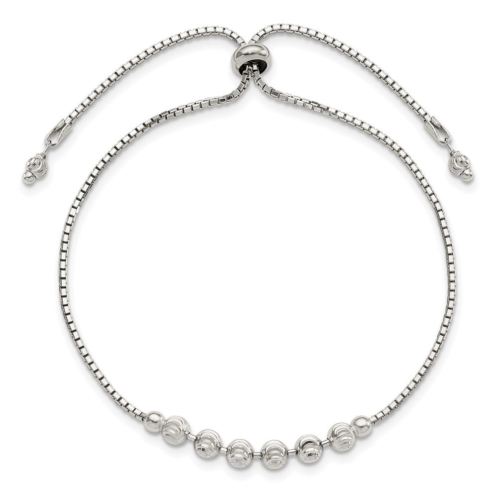 Sterling Silver Rhodium-plated Diamond-cut Beaded Adjustable Bracelet