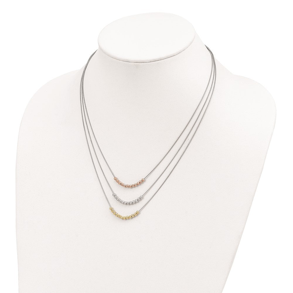 Sterling Silver Rhod-plated Diamond-cut Gold/Rose-tone 3 Strand Necklace