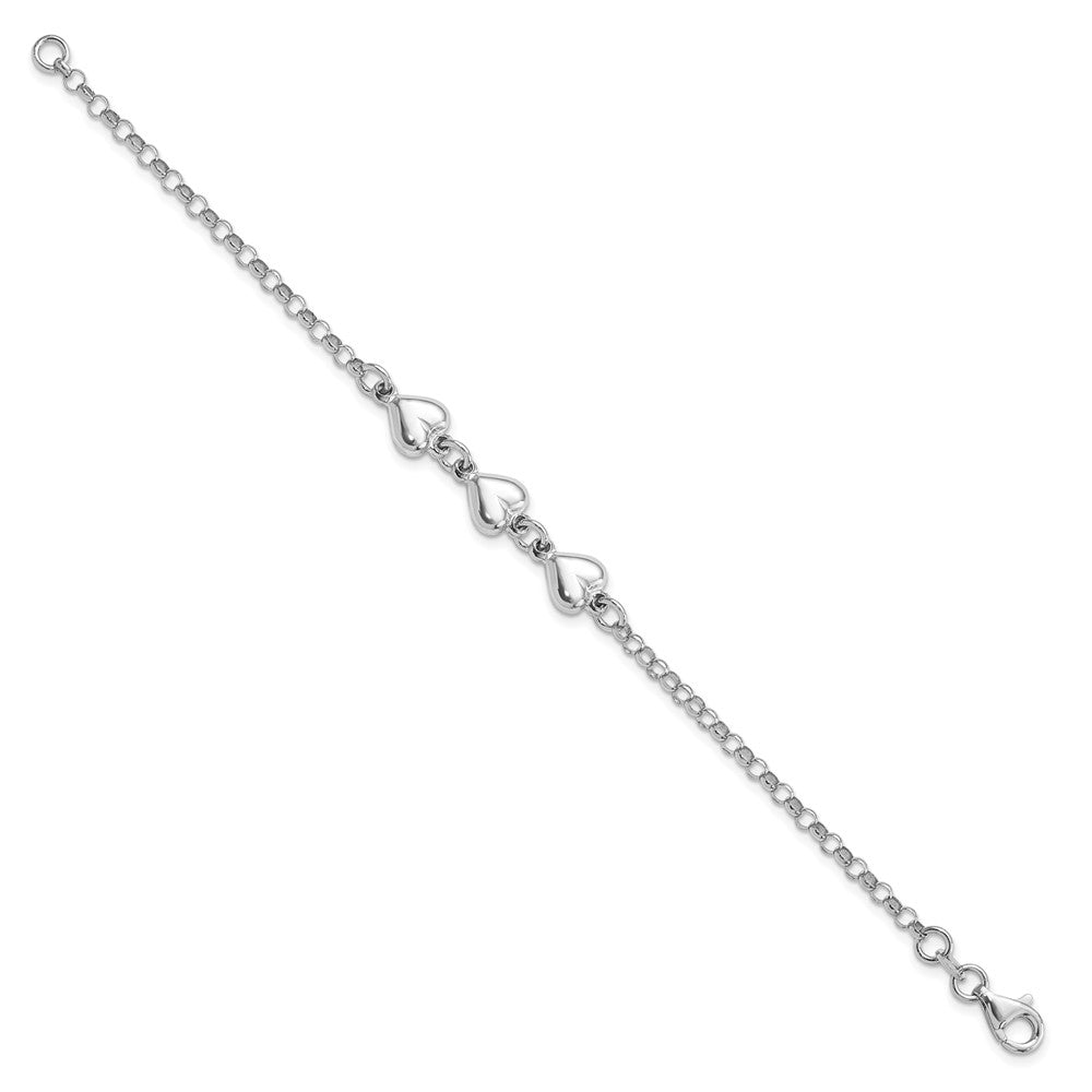 Sterling Silver Rhodium Plated Polished Triple Heart Charm Bracelet