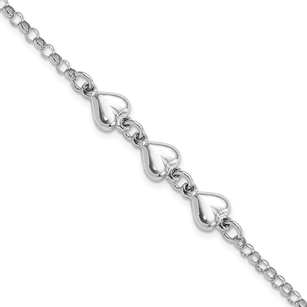 Sterling Silver Rhodium Plated Polished Triple Heart Charm Bracelet