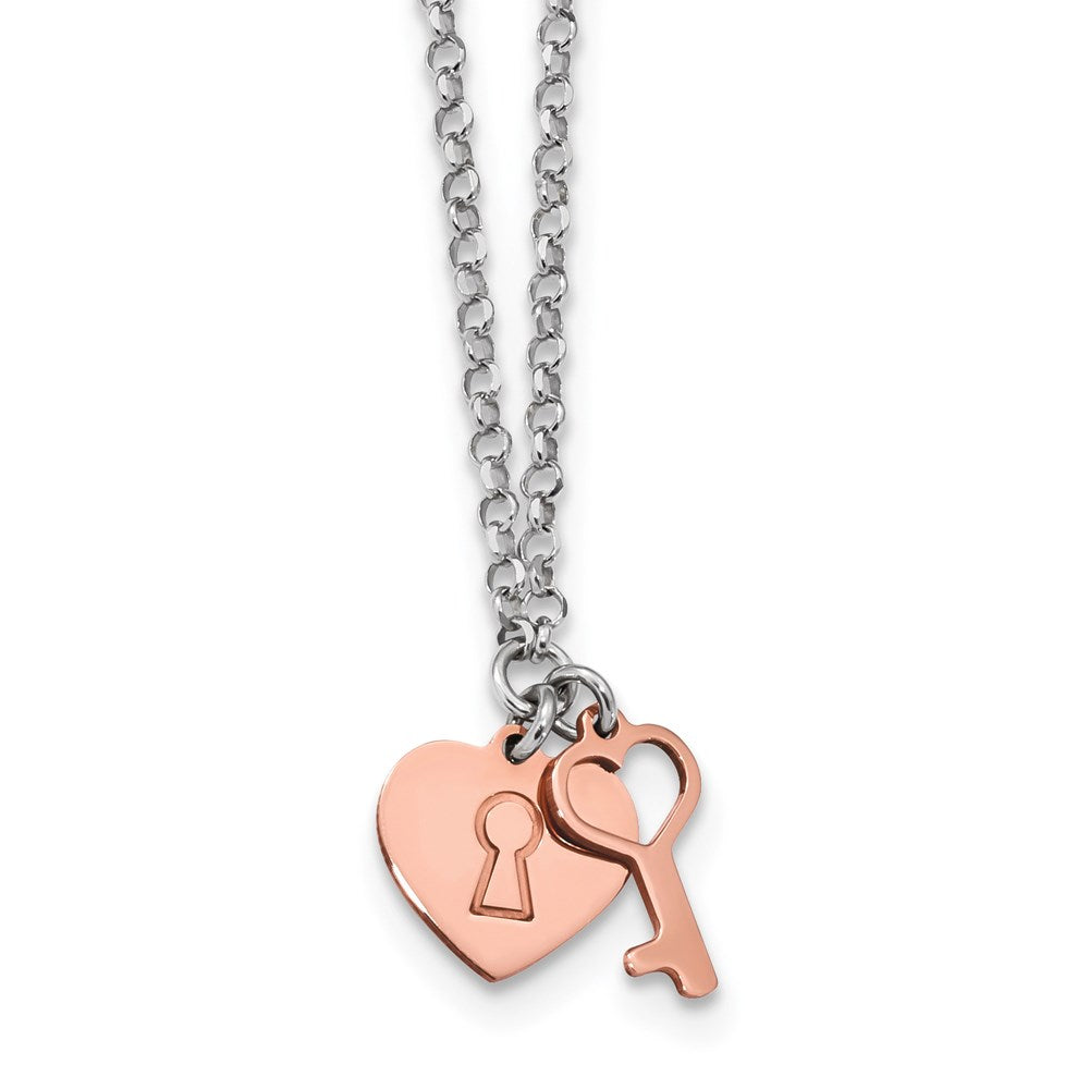 Sterling Silver Rhodium Rose-tone Heart & Key w/1.5in ext. Necklace