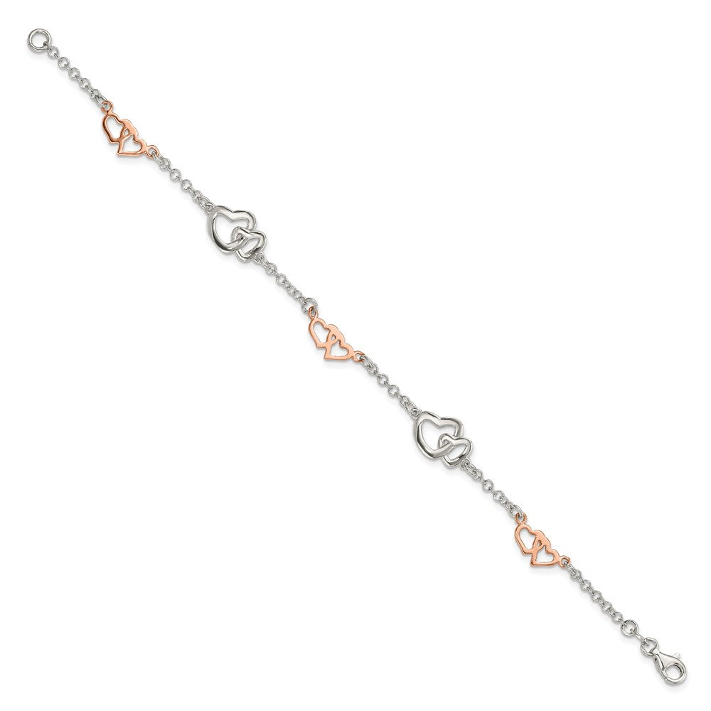 Sterling Silver Rose Gold-plated Polished Heart Bracelet