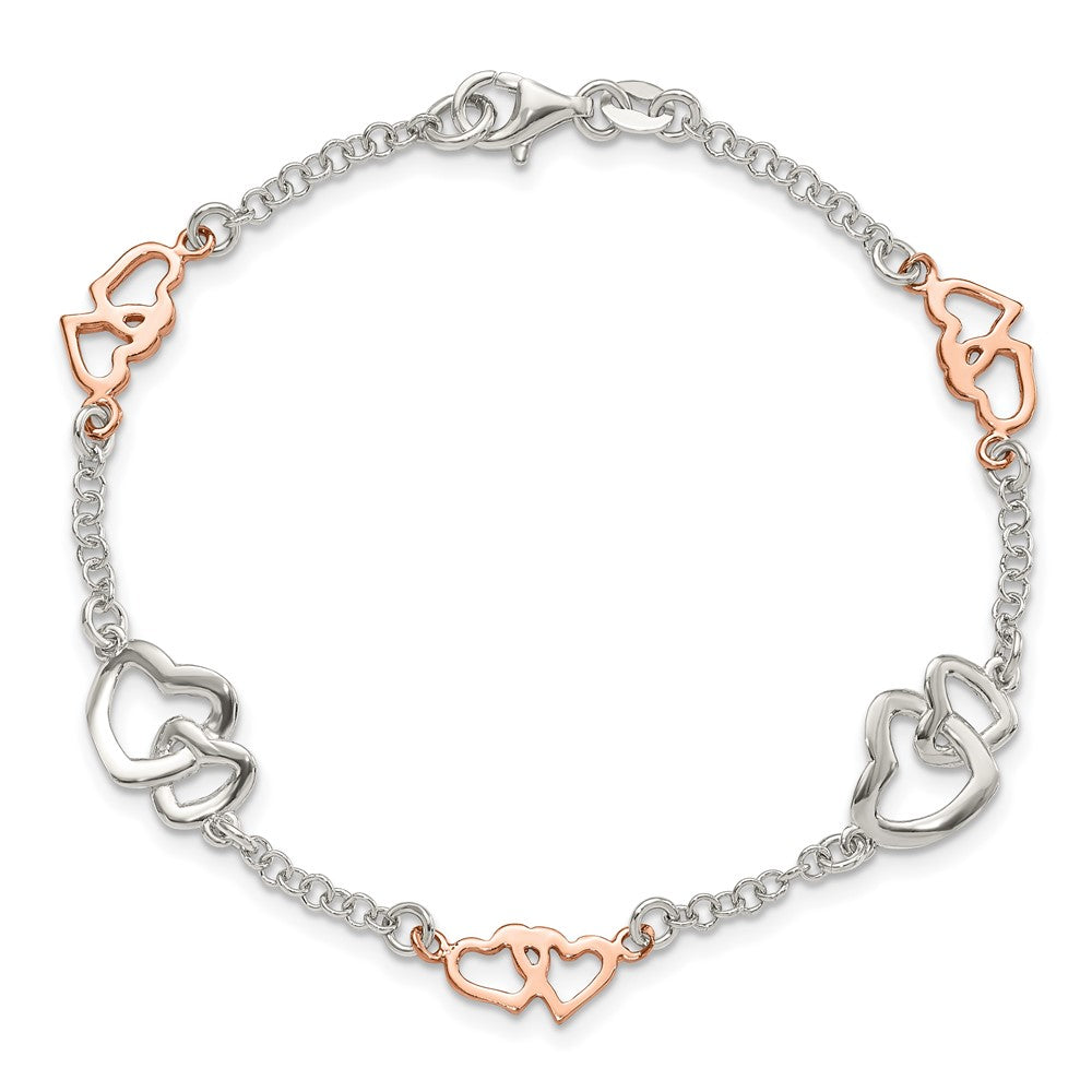 Sterling Silver Rose Gold-plated Polished Heart Bracelet