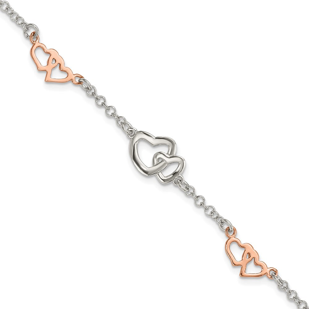 Sterling Silver Rose Gold-plated Polished Heart Bracelet