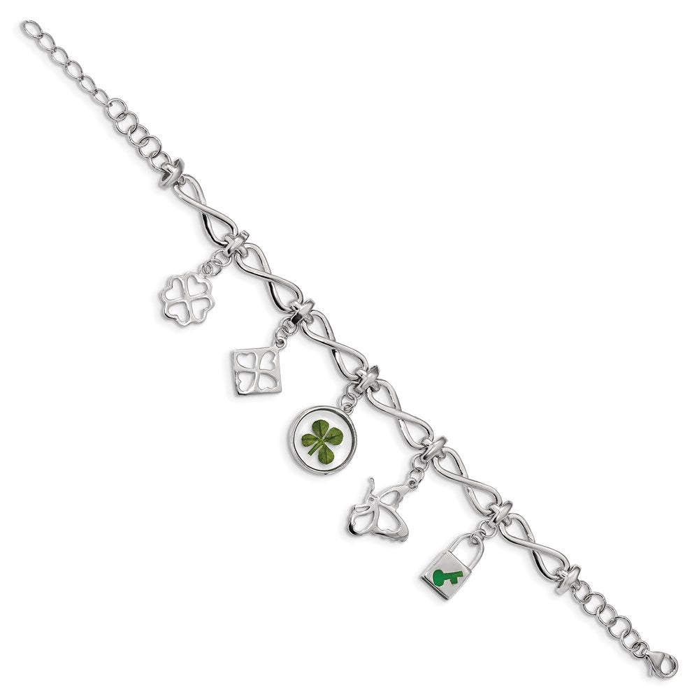 Sterling Silver Plat. Plated Clover Epoxy Enamel w/1.5 ext. Bracelet