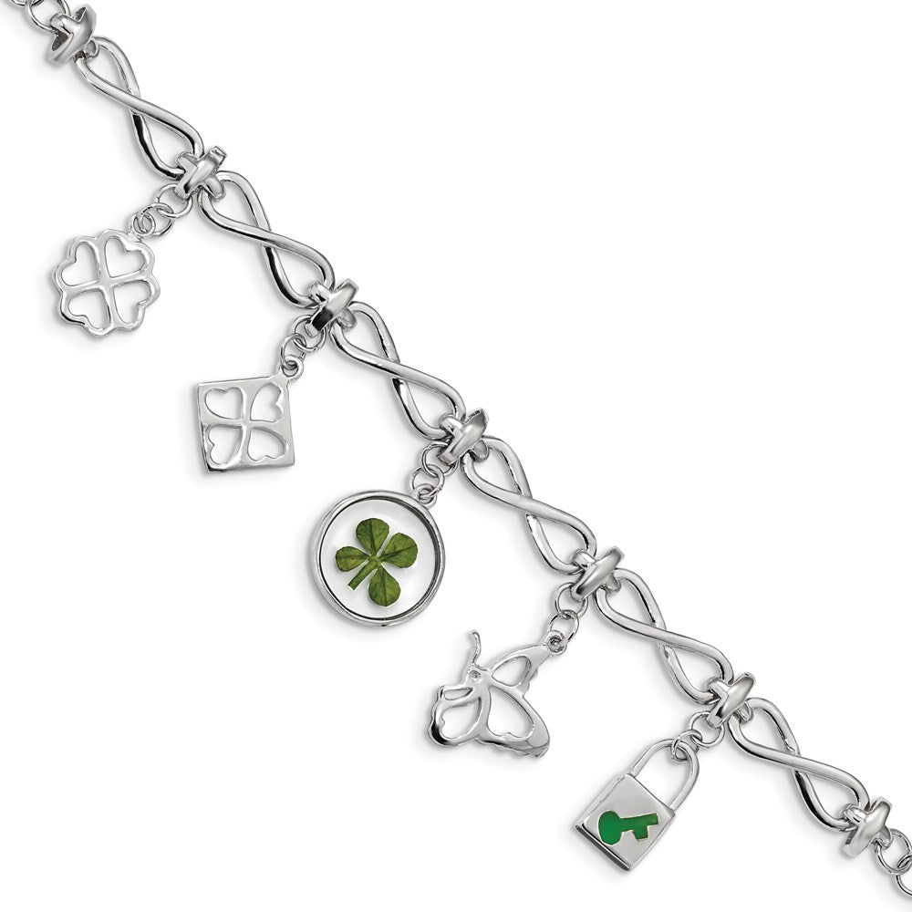 Sterling Silver Plat. Plated Clover Epoxy Enamel w/1.5 ext. Bracelet