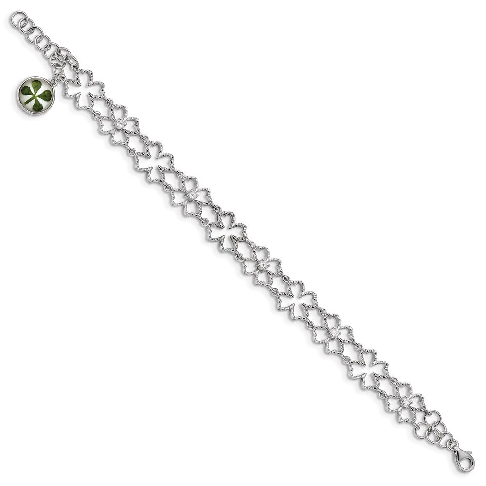 Sterling Silver Plat. Plated Clover Epoxy & Shell CZ .5 ext. Bracelet