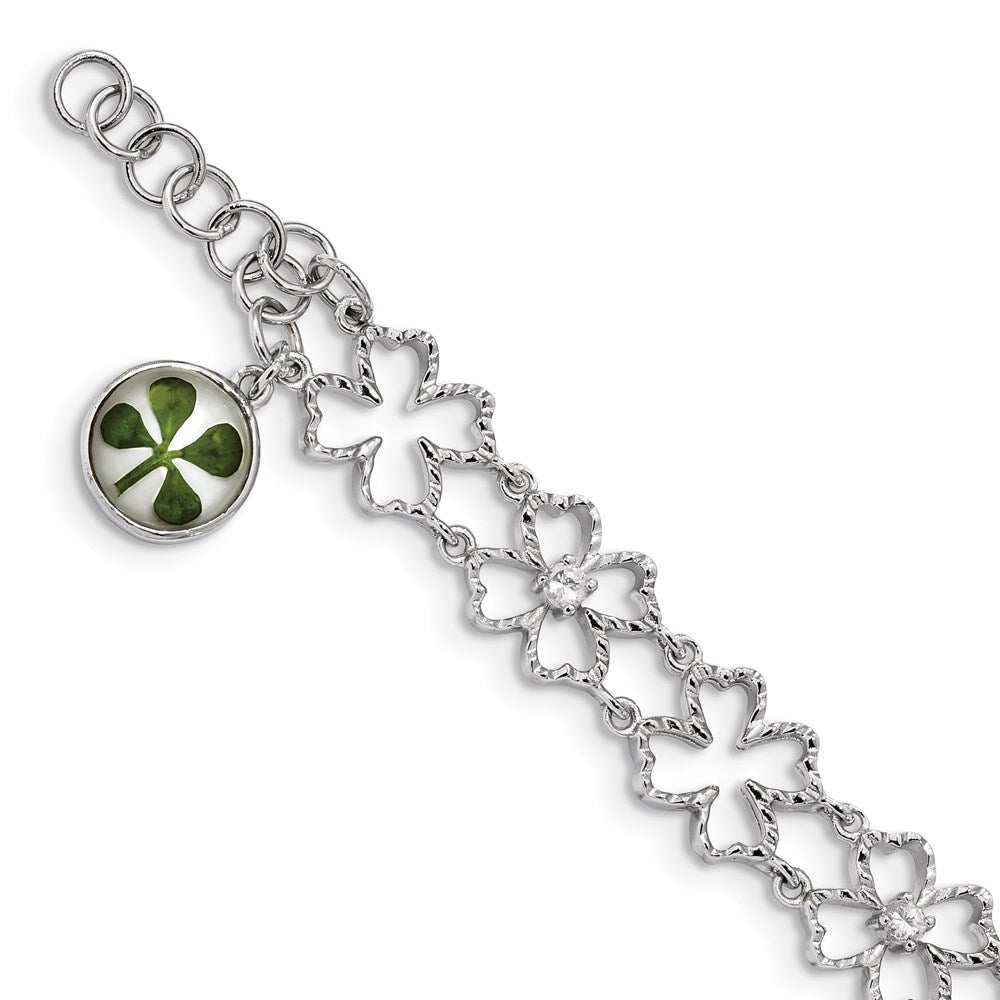 Sterling Silver Plat. Plated Clover Epoxy & Shell CZ .5 ext. Bracelet