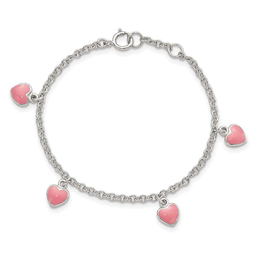 Sterling Silver Rhod-pltd Childs Enamel Hearts 5.5in w/.5in ext Bracelet