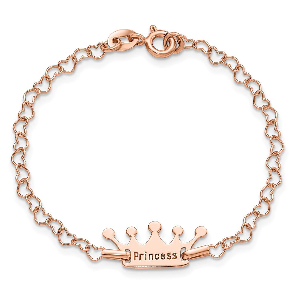 Sterling Silver Rose-tone Princess Crown Heart Link Children's Bracelet