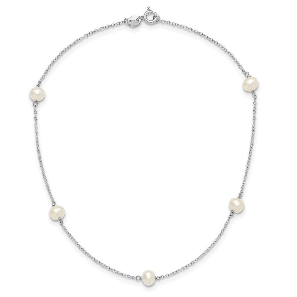 Sterling Silver Rhodium-plated Polished 5-5.5mm Freshwater Cultured Pearl 5-Station Children's Necklace