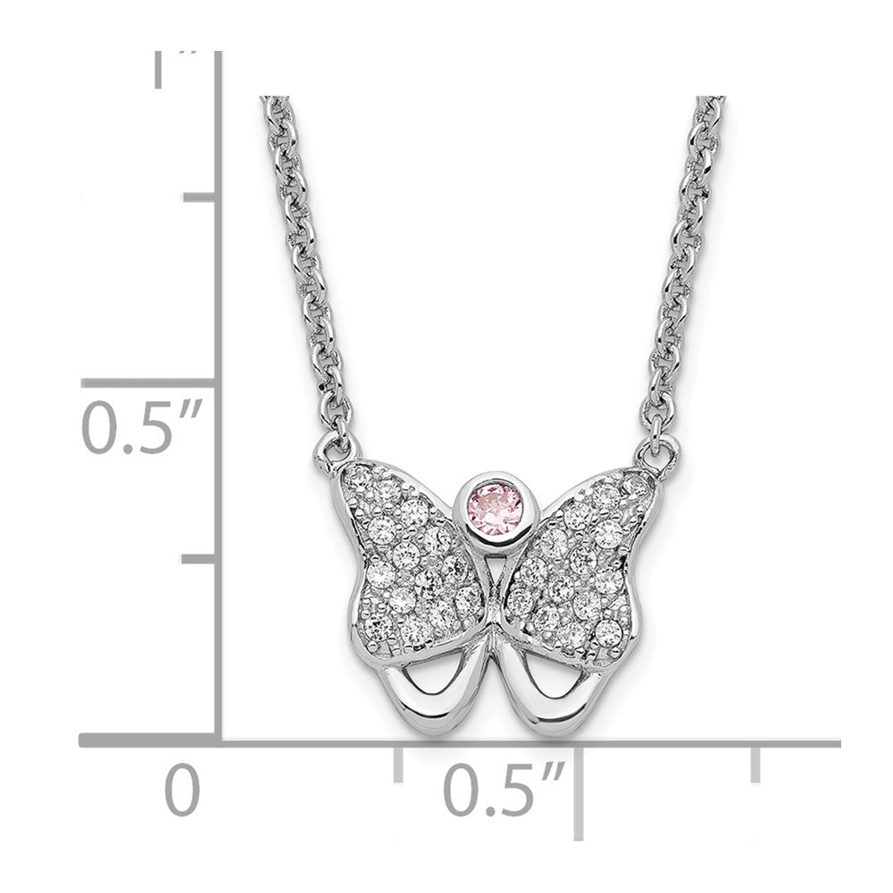 Sterling Silver Rhodium-plated Pink & Clear CZ Butterfly w/ 1.5in ext. Necklace