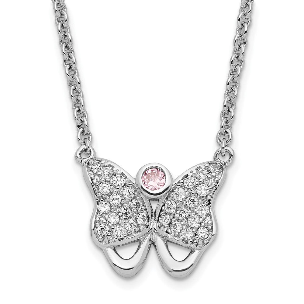 Sterling Silver Rhodium-plated Pink & Clear CZ Butterfly w/ 1.5in ext. Necklace