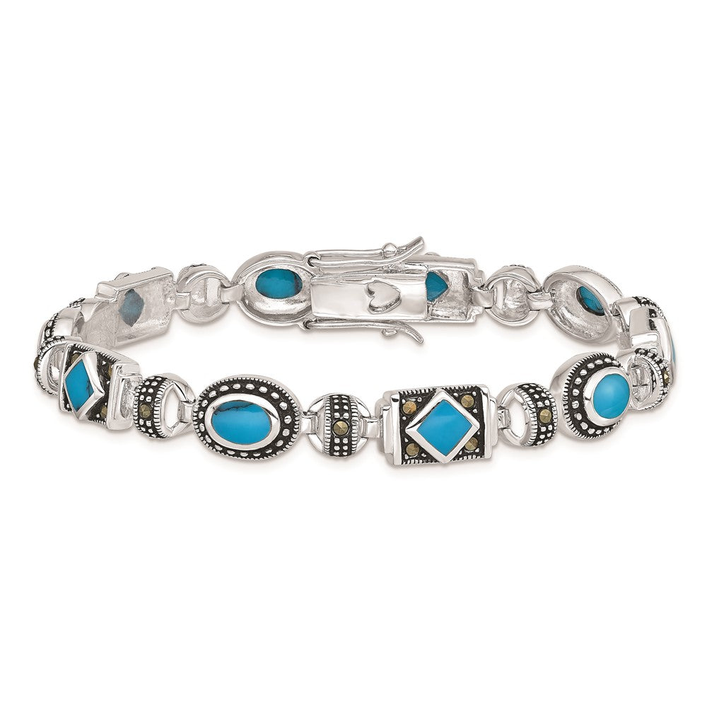 Sterling Silver Rhodium-plated Synth Turquoise and Marcasite Bracelet