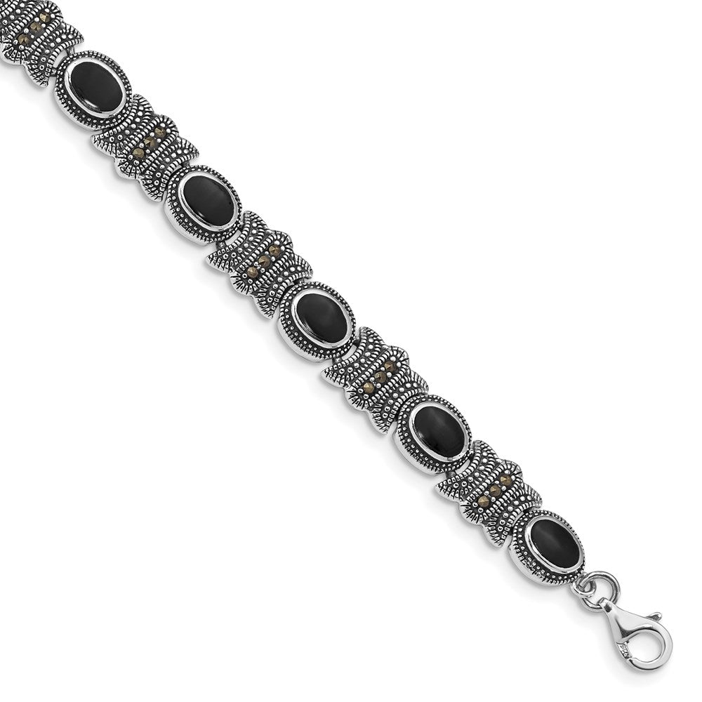 Sterling Silver Rhodium-plated Marcasite and Onyx 7.25 inch Bracelet