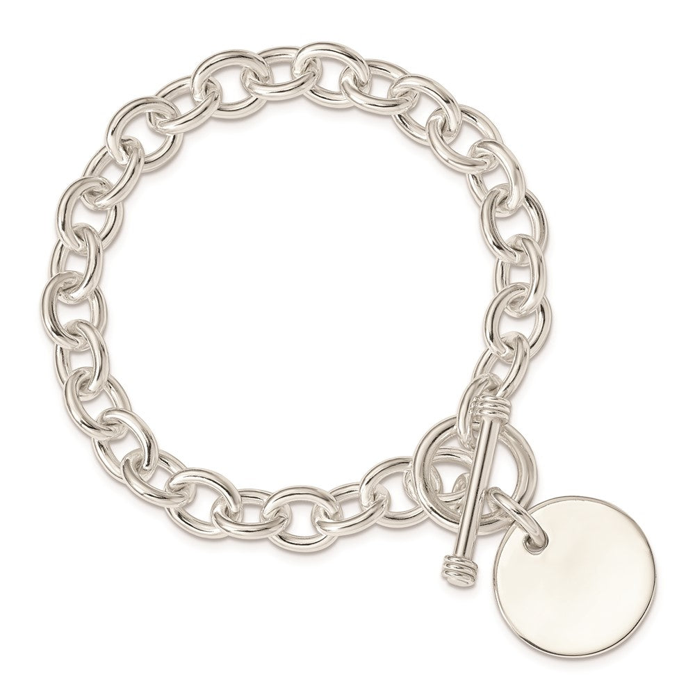 Sterling Silver Engraveable Circular Disc on Fancy Link Bracelet