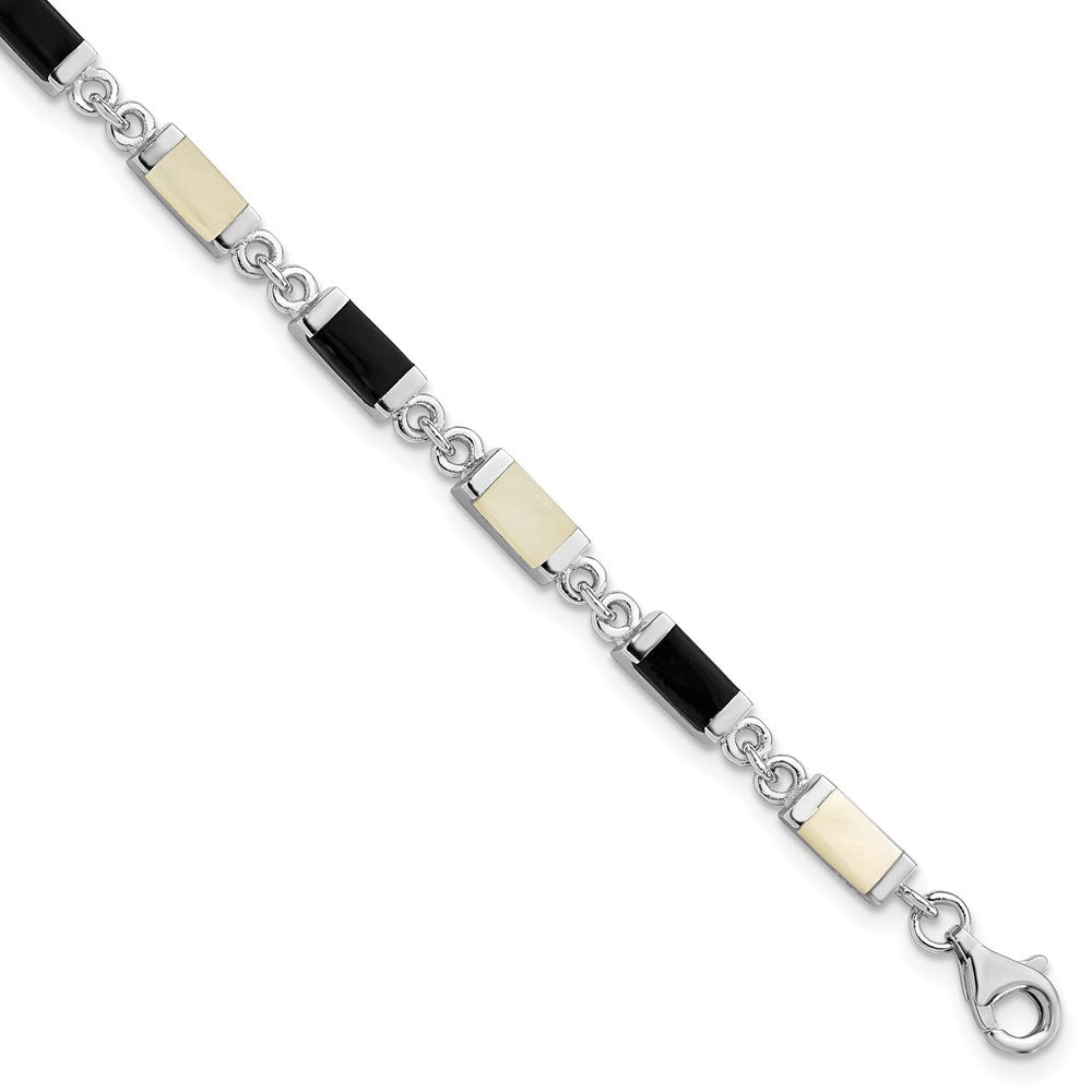 Sterling Silver Rhodium-plated 7in Onyx/Mother Of Pearl Bracelet