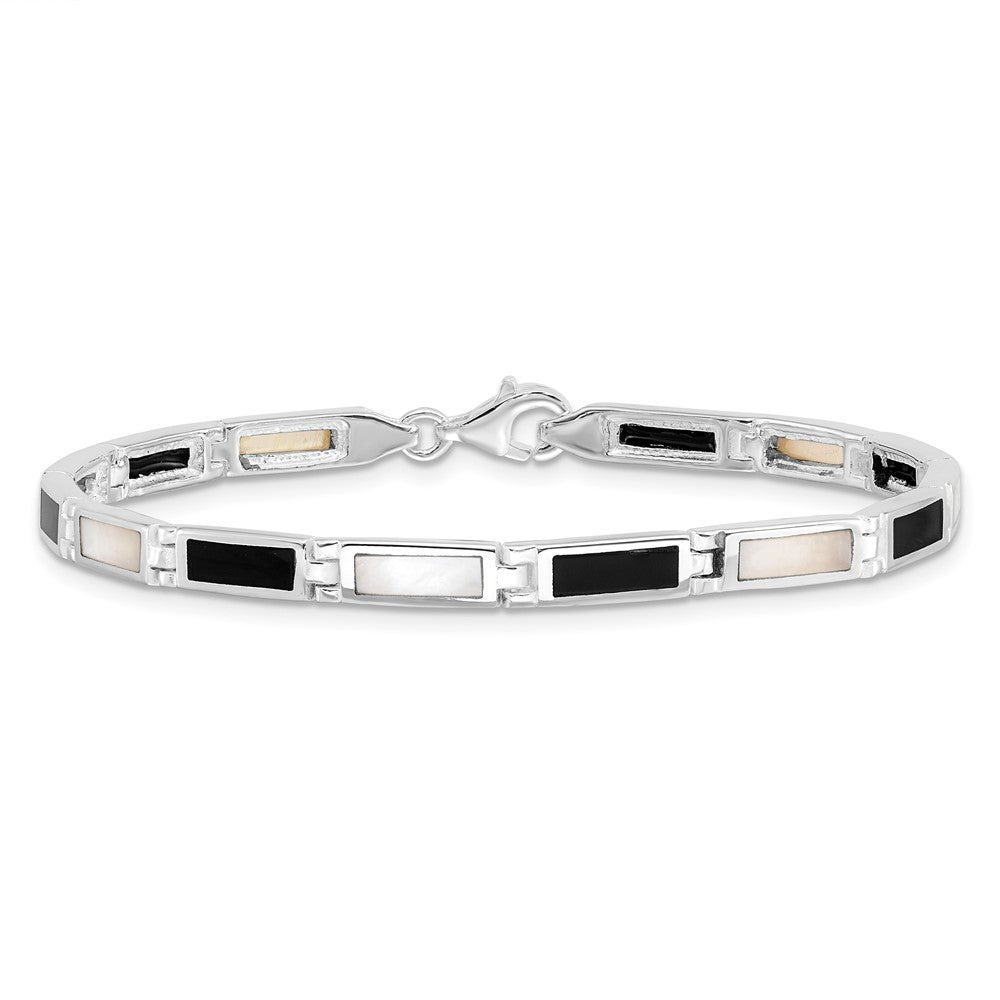 Sterling Silver Rhodium-plated 7in Onyx/Mother Of Pearl Bracelet