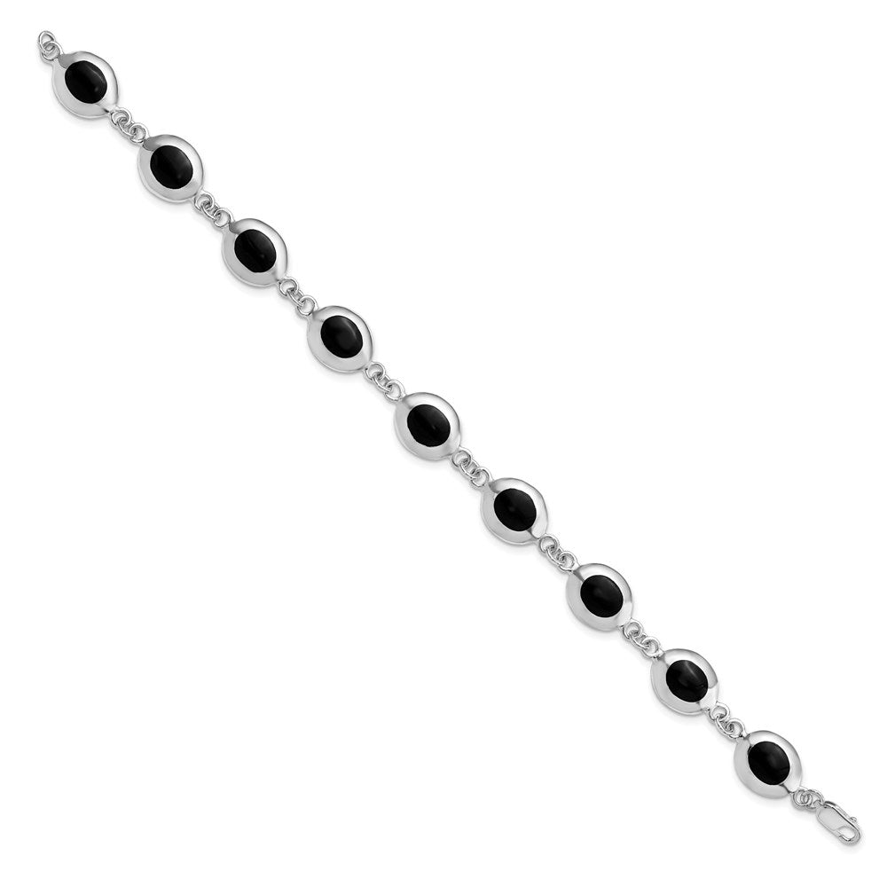 Sterling Silver Rhodium-plated Fancy Polished Onyx Bracelet