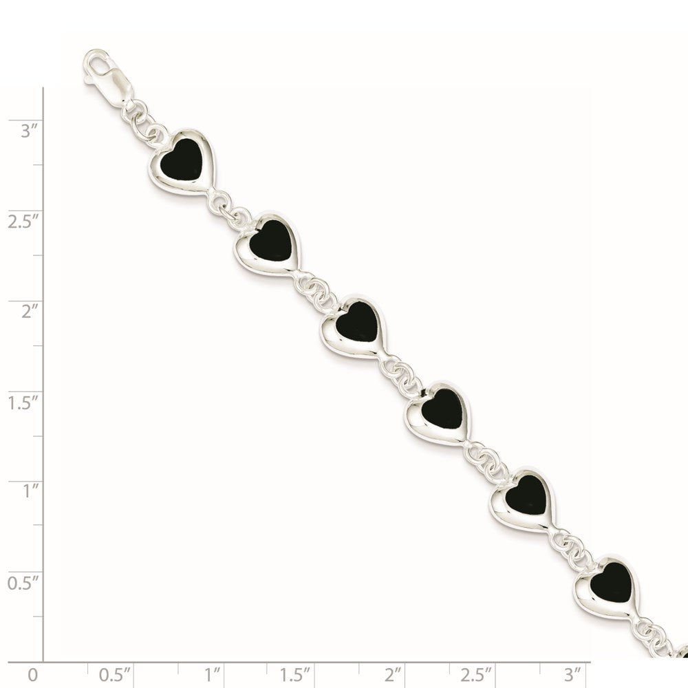 Sterling Silver Rhodium-plated 7inch Fancy Polished Heart Onyx Bracelet