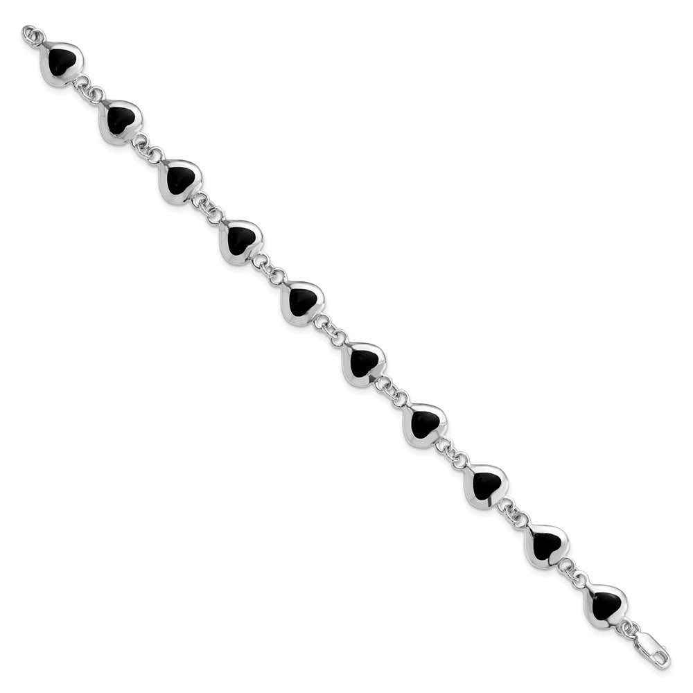 Sterling Silver Rhodium-plated 7inch Fancy Polished Heart Onyx Bracelet