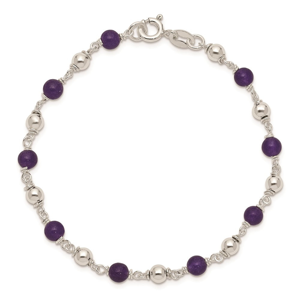 Sterling Silver 7inch Polished Amethyst Beaded Bracelet