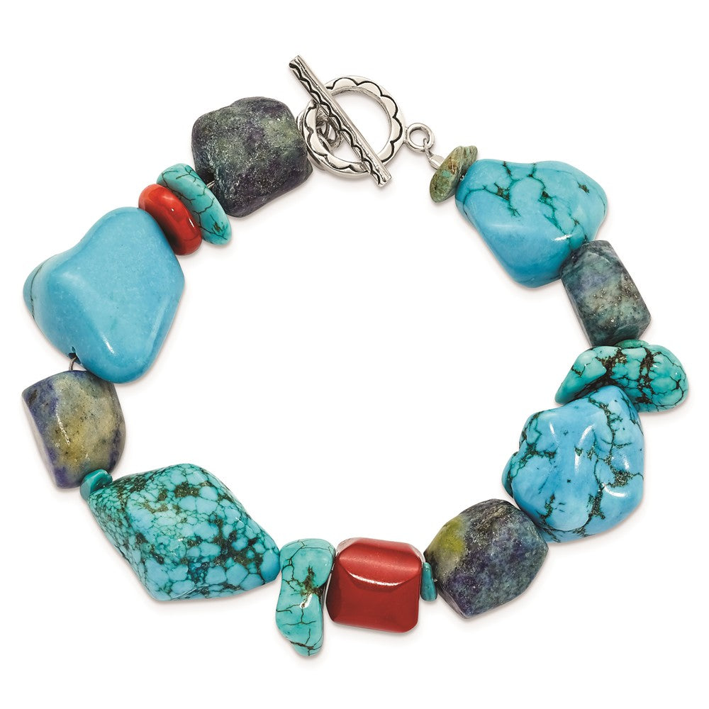 Sterling Silver Red Coral/Howlite/Lapis/Turquoise Bracelet