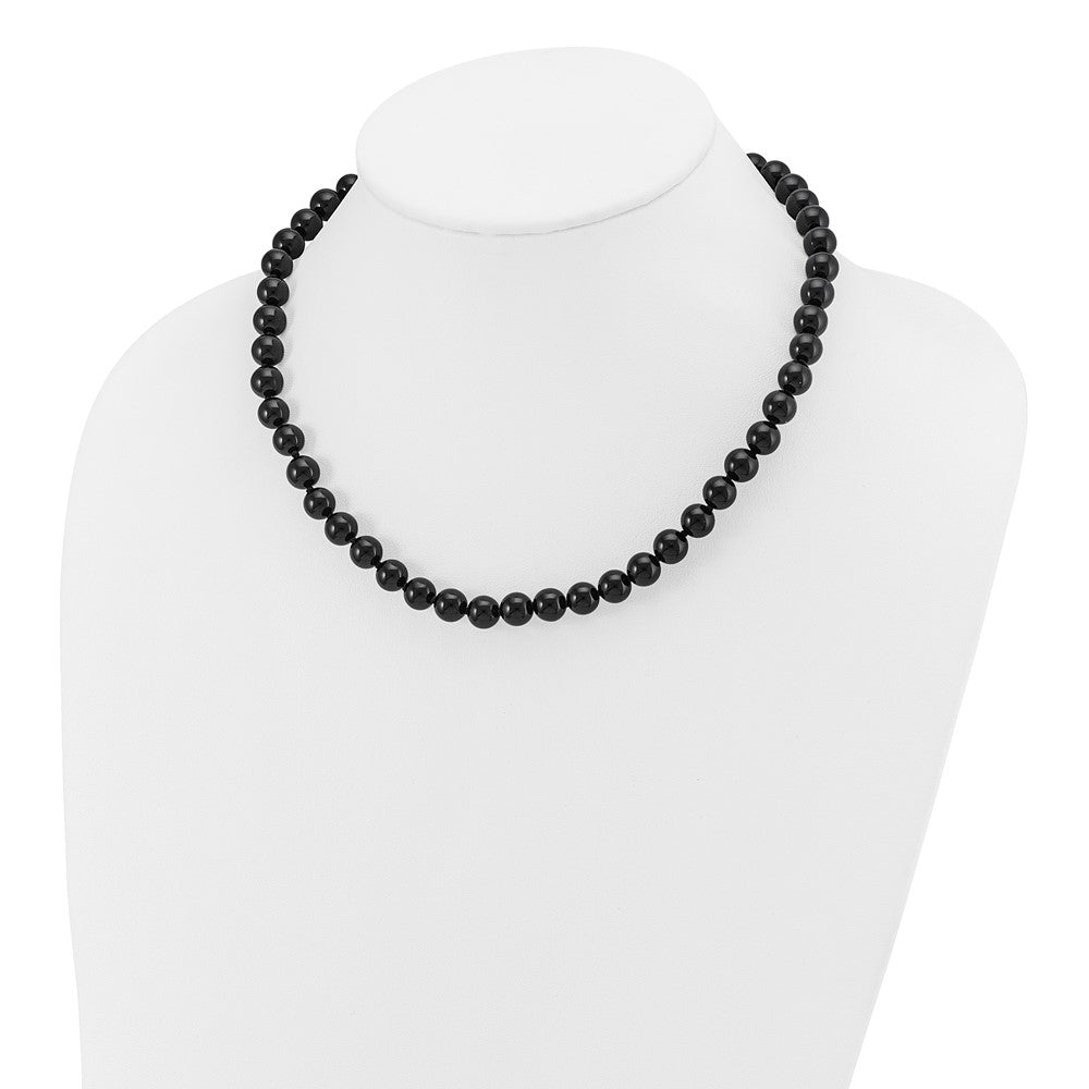 8-8.5mm Smooth Beaded Black Agate Necklace w/Sterling S.RH Clasp